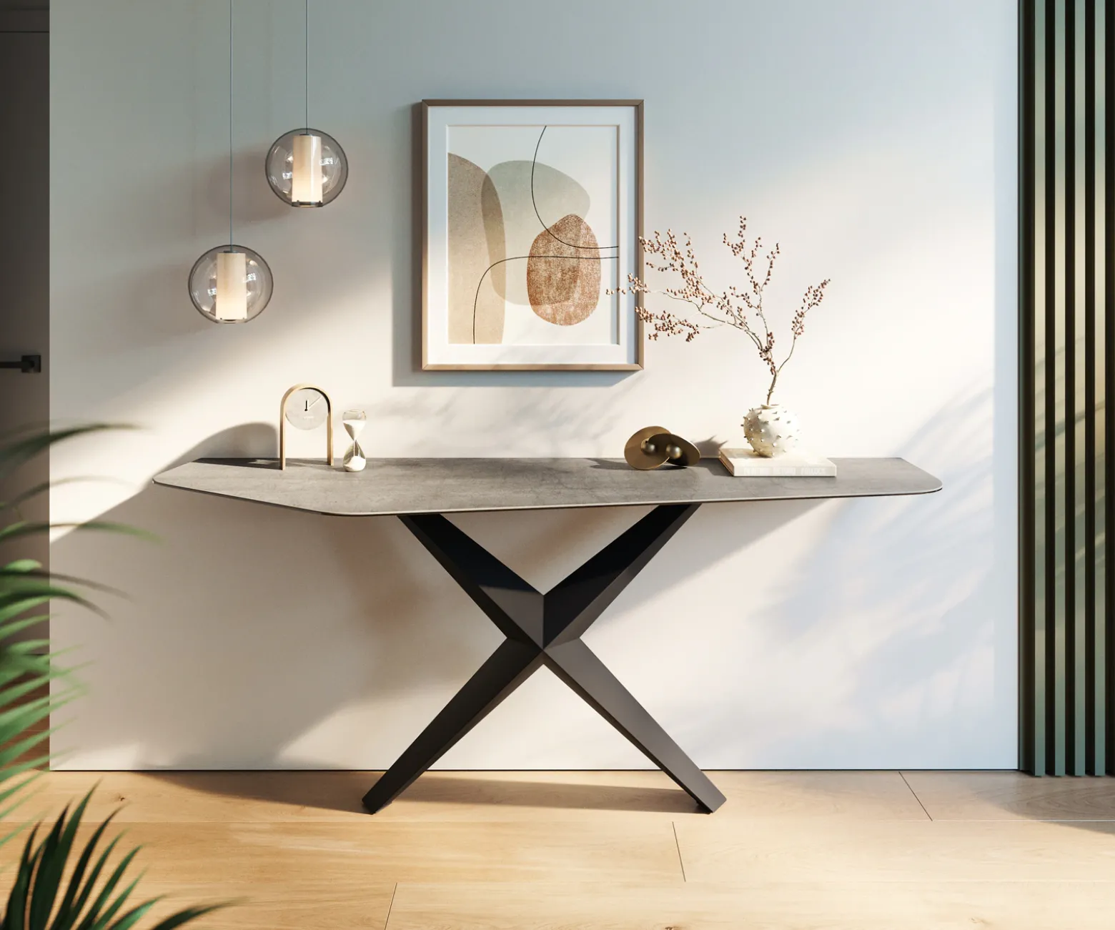 KonsolentischEdge Polygonal 180x50 cm Keramik Beton Grau Zentharo Metall Schwarz Sofort versandfertig