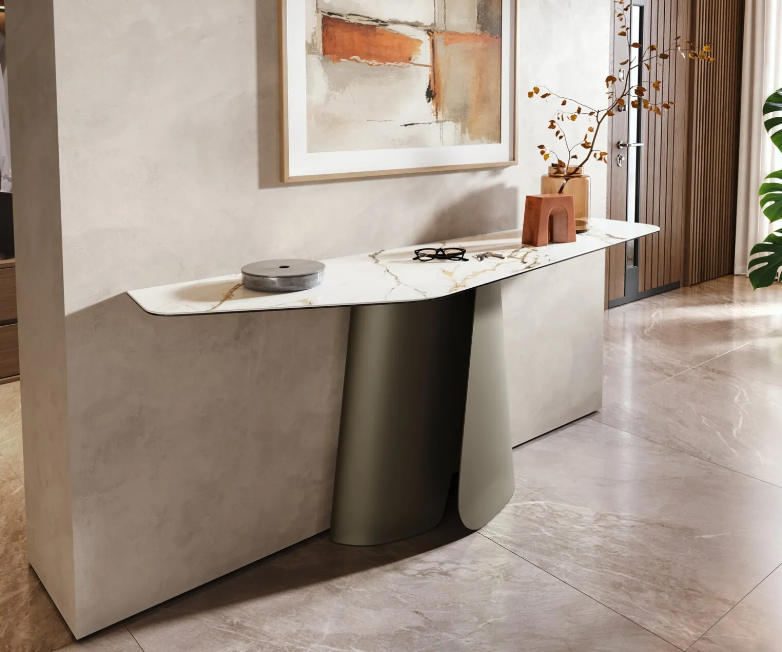 KonsolentischEdge Polygonal 180x50 cm Keramik Calacatta Luxe Weiß-Gold-Grau Livos Metall Effektfinish Titan Sofort versandfertig