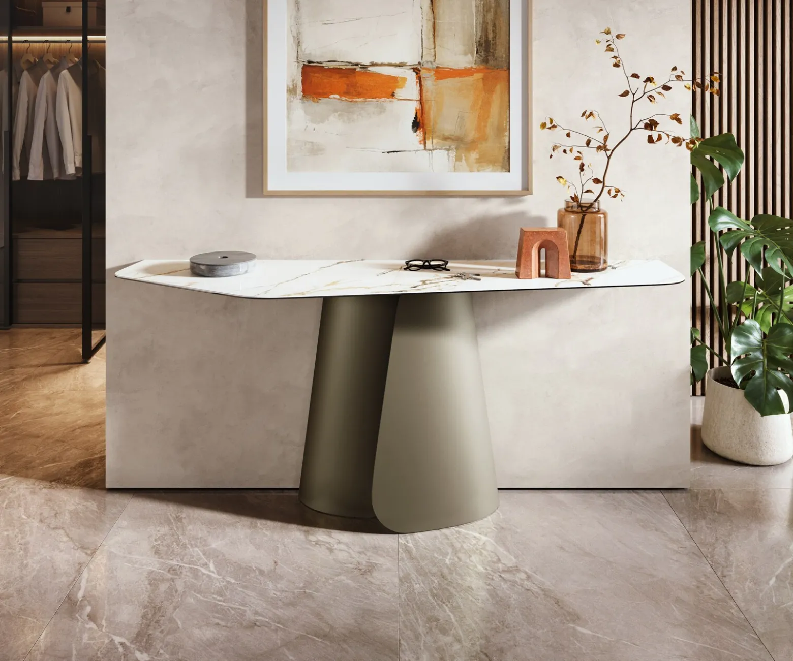 KonsolentischEdge Polygonal 180x50 cm Keramik Calacatta Luxe Weiß-Gold-Grau Livos Metall Effektfinish Titan Sofort versandfertig