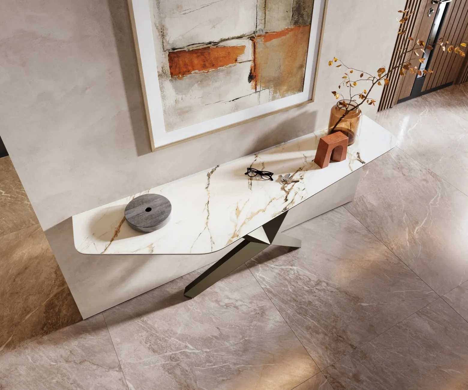 KonsolentischEdge Polygonal 180x50 cm Keramik Calacatta Luxe Weiß-Gold-Grau Zentharo Metall Effektfinish Titan Sofort versandfertig