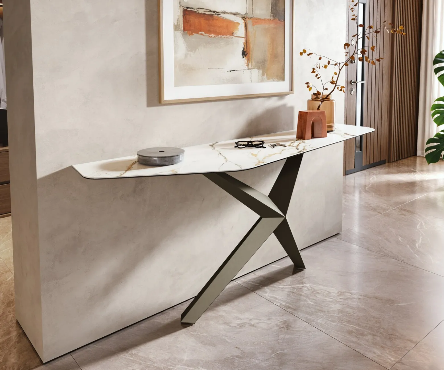 KonsolentischEdge Polygonal 180x50 cm Keramik Calacatta Luxe Weiß-Gold-Grau Zentharo Metall Effektfinish Titan Sofort versandfertig