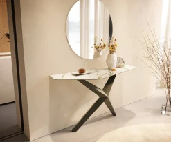 KonsolentischEdge Polygonal 140x50 cm Keramik Calacatta Luxe Weiß-Gold-Grau Zentharo Metall Effektfinish Titan Sofort versandfertig