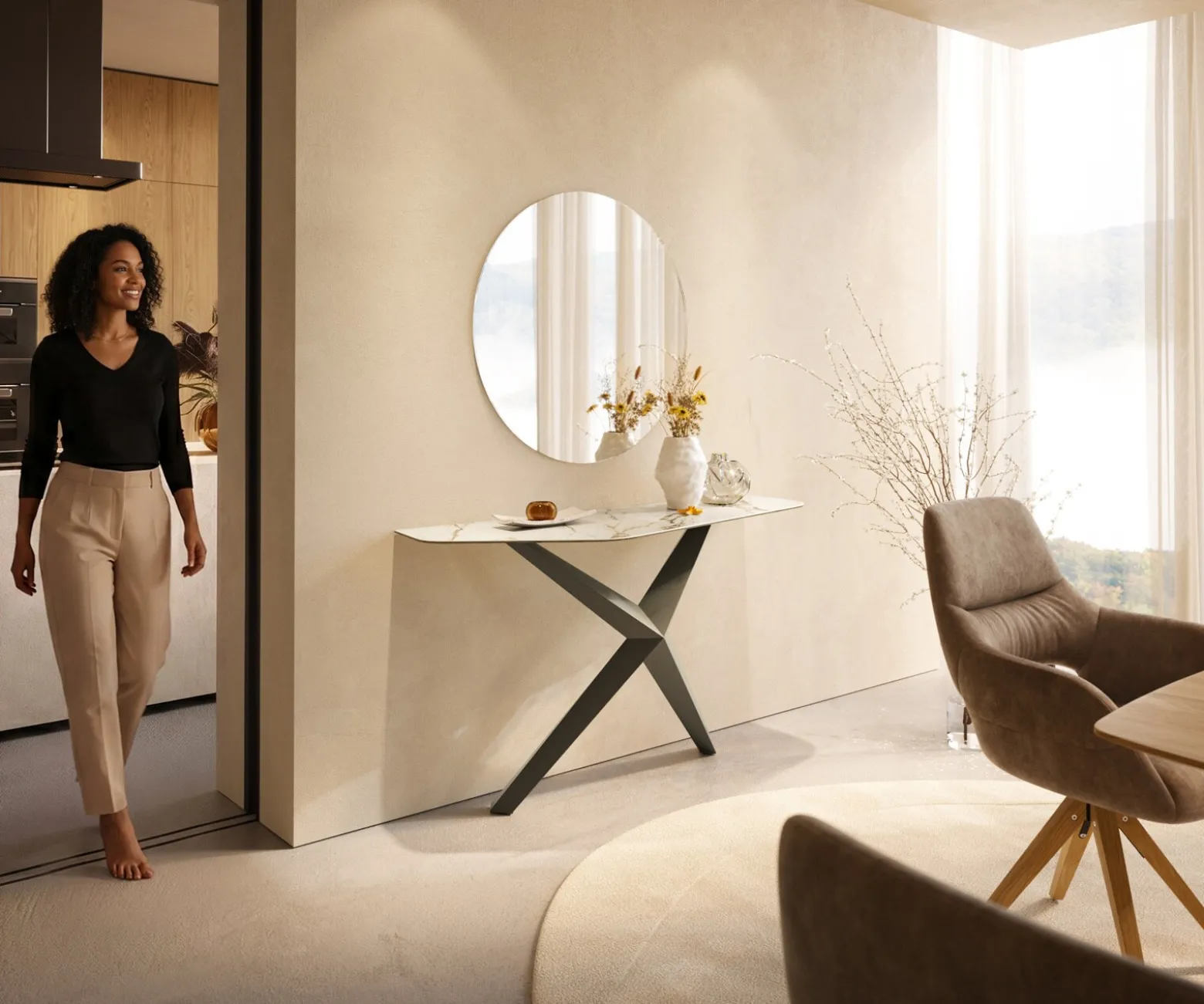 KonsolentischEdge Polygonal 140x50 cm Keramik Calacatta Luxe Weiß-Gold-Grau Zentharo Metall Effektfinish Titan Sofort versandfertig