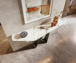 KonsolentischEdge Polygonal 180x50 cm Keramik Calacatta Luxe Weiß-Gold-Grau Spios Metall Effektfinish Titan Sofort versandfertig