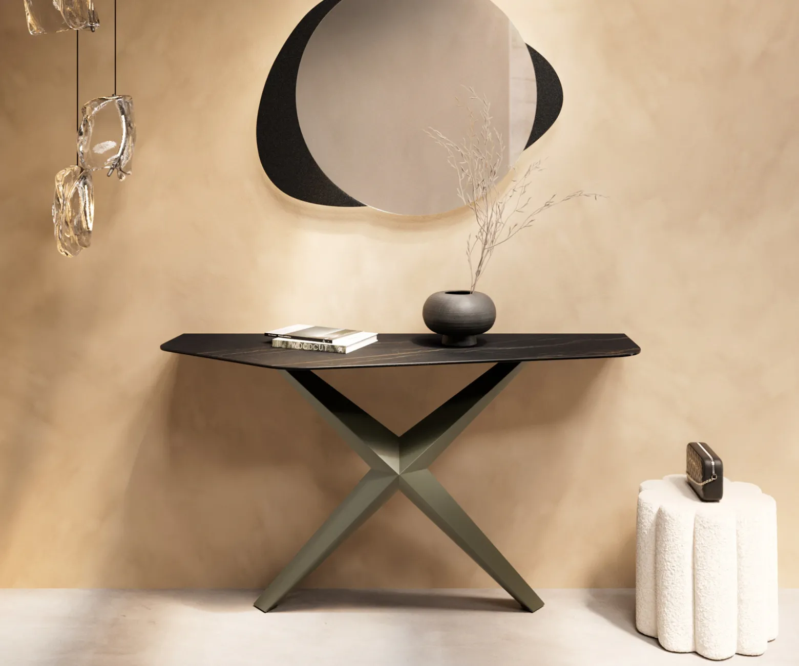 KonsolentischEdge Polygonal 140x50 cm Keramik Laminam® Noir Desir Braun Zentharo Metall Effektfinish Titan Sofort versandfertig