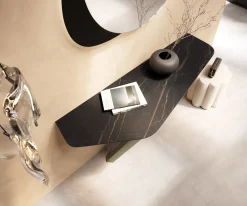 KonsolentischEdge Polygonal 140x50 cm Keramik Laminam® Noir Desir Braun Zentharo Metall Effektfinish Titan Sofort versandfertig