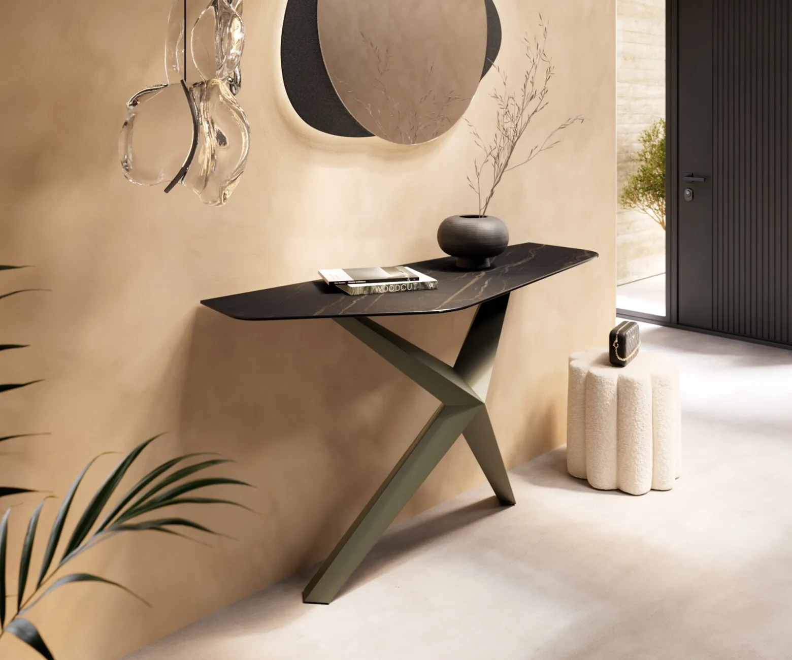 KonsolentischEdge Polygonal 140x50 cm Keramik Laminam® Noir Desir Braun Zentharo Metall Effektfinish Titan Sofort versandfertig