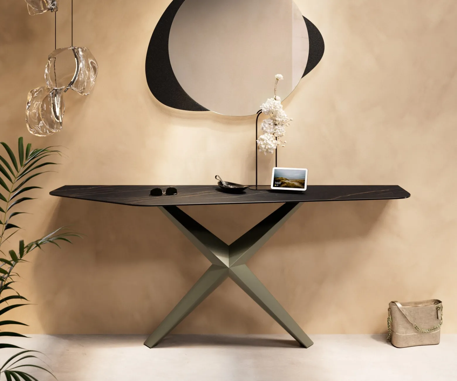 KonsolentischEdge Polygonal 180x50 cm Keramik Laminam® Noir Desir Braun Zentharo Metall Effektfinish Titan Sofort versandfertig