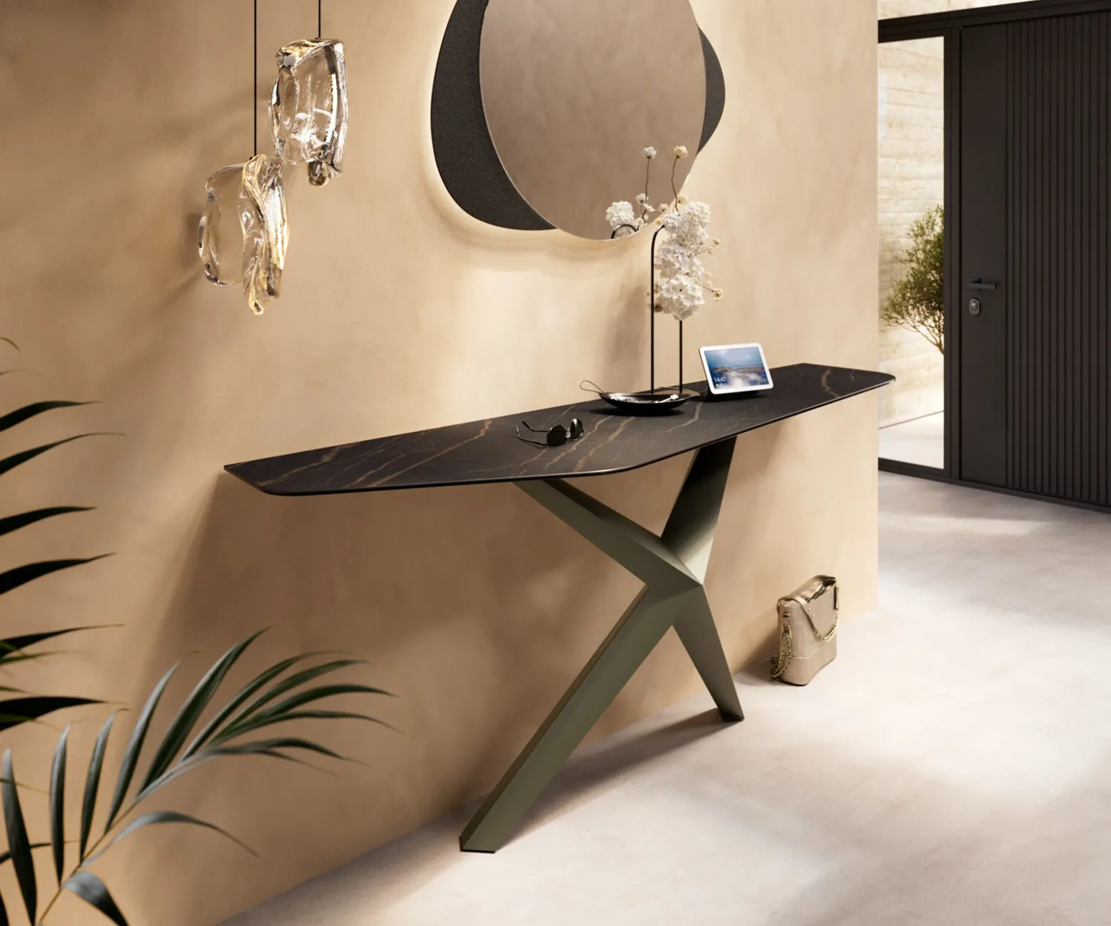 KonsolentischEdge Polygonal 180x50 cm Keramik Laminam® Noir Desir Braun Zentharo Metall Effektfinish Titan Sofort versandfertig