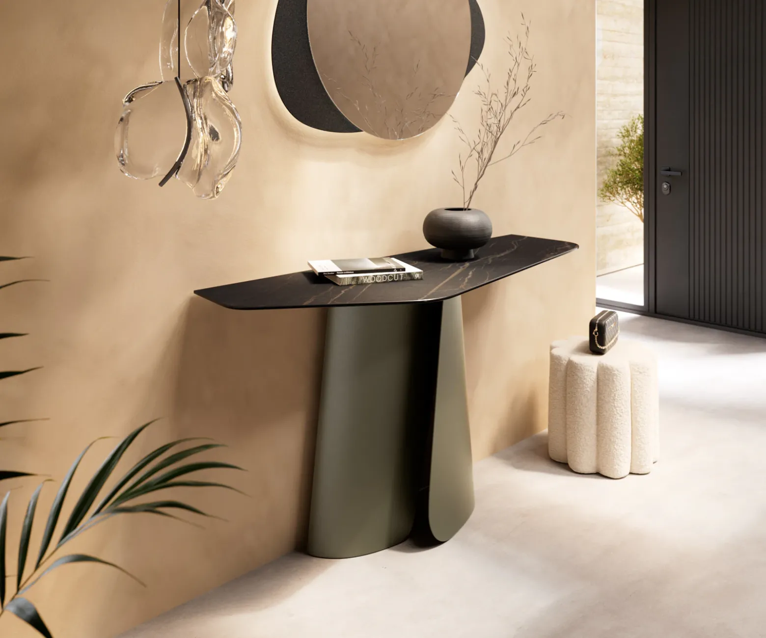 KonsolentischEdge Polygonal 140x50 cm Keramik Laminam® Noir Desir Braun Livos Metall Effektfinish Titan Sofort versandfertig