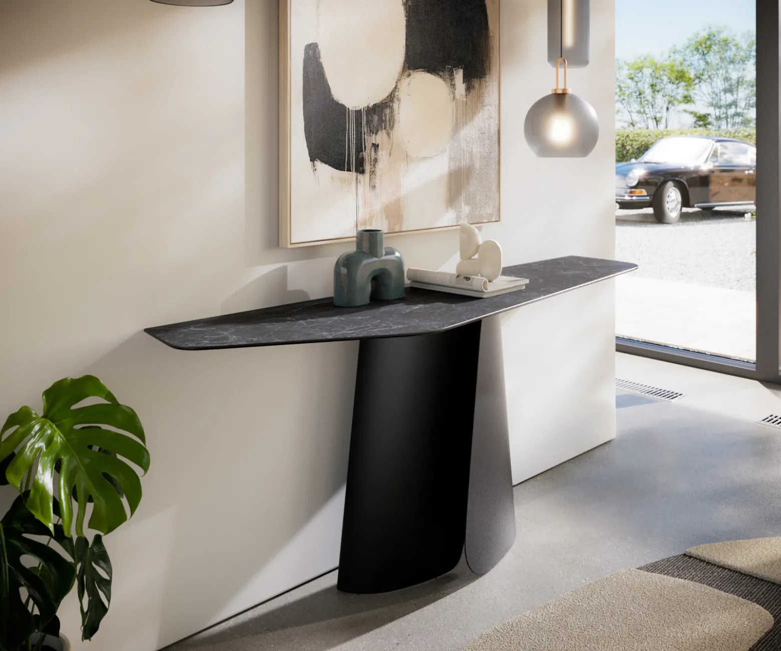 KonsolentischEdge Polygonal 180x50 cm Keramik Laminam® Nero Greco Anthrazit Livos Metall Schwarz Sofort versandfertig