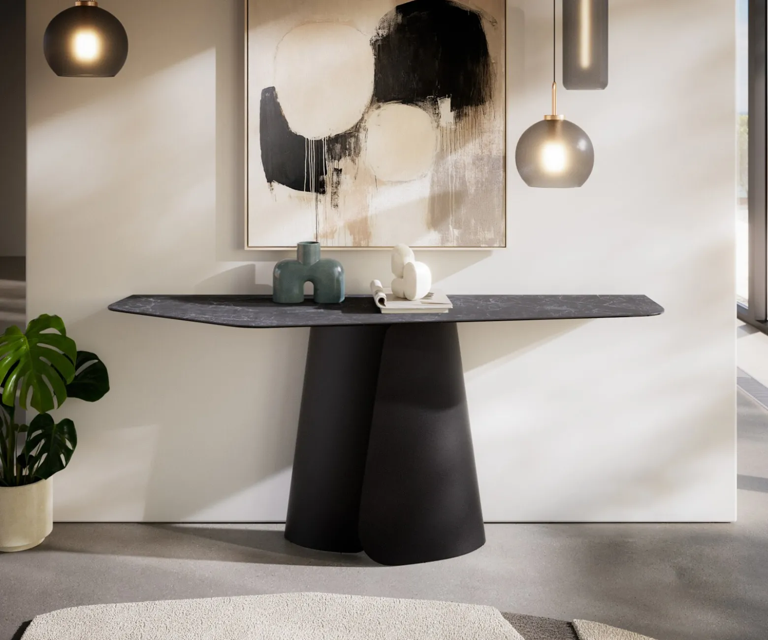 KonsolentischEdge Polygonal 180x50 cm Keramik Laminam® Nero Greco Anthrazit Livos Metall Schwarz Sofort versandfertig
