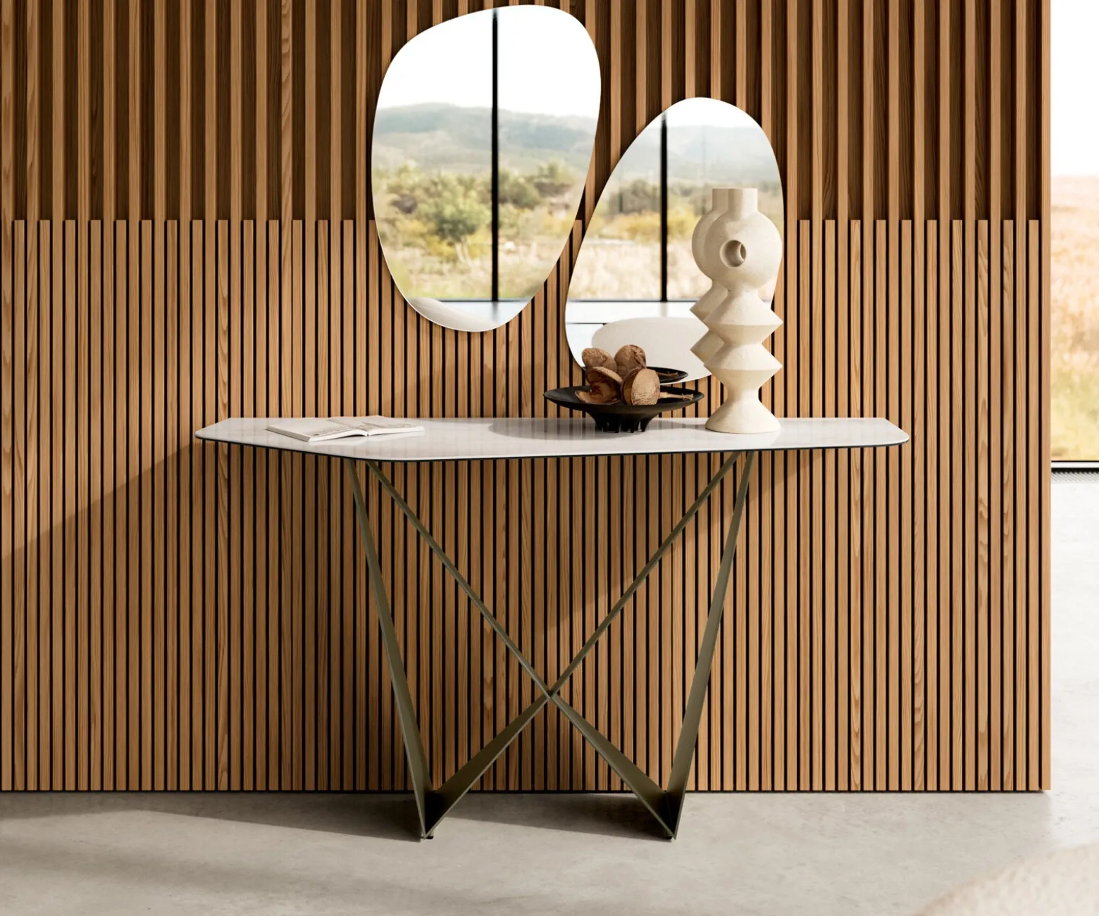 KonsolentischEdge Polygonal 140x50 cm Keramik Onyx Champagne Spios Metall Effektfinish Titan Versandfertig ca. 02.10.26