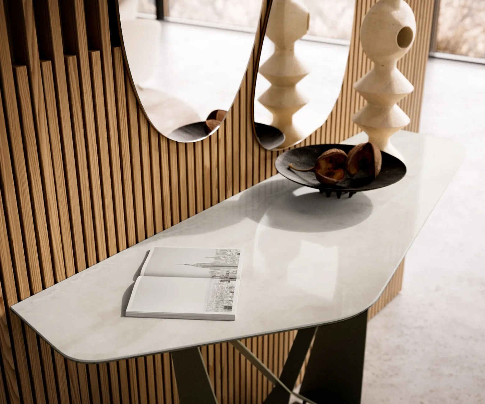 KonsolentischEdge Polygonal 140x50 cm Keramik Onyx Champagne Spios Metall Effektfinish Titan Versandfertig ca. 02.10.26