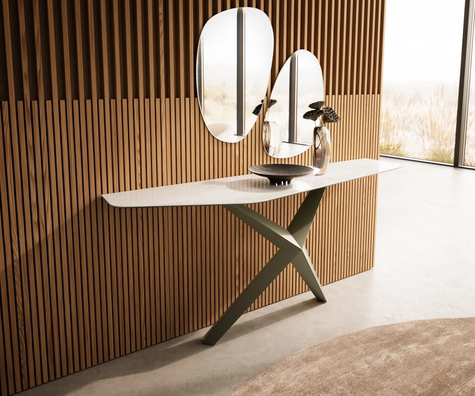 KonsolentischEdge Polygonal 180x50 cm Keramik Onyx Champagne Zentharo Metall Effektfinish Titan Versandfertig ca. 25.09.26