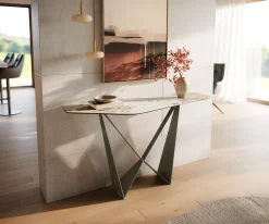 KonsolentischEdge Polygonal 140x50 cm Keramik Minas Melange Weiß-Beige Spios Metall Effektfinish Titan Sofort versandfertig