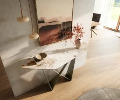 KonsolentischEdge Polygonal 140x50 cm Keramik Minas Melange Weiß-Beige Spios Metall Effektfinish Titan Sofort versandfertig