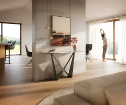 KonsolentischEdge Polygonal 140x50 cm Keramik Minas Melange Weiß-Beige Spios Metall Effektfinish Titan Sofort versandfertig