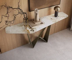 KonsolentischEdge Polygonal 180x50 cm Keramik Minas Melange Weiß-Beige Spios Metall Effektfinish Titan Sofort versandfertig