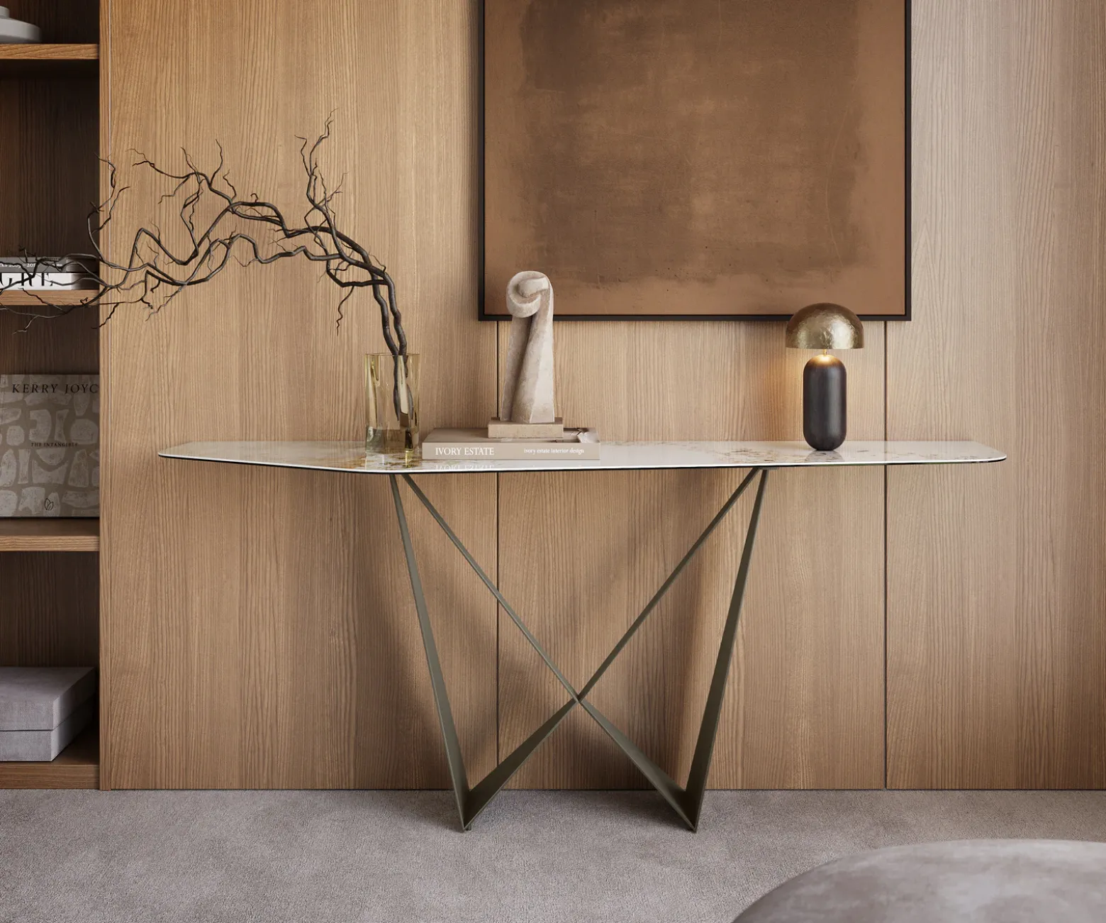 KonsolentischEdge Polygonal 180x50 cm Keramik Minas Melange Weiß-Beige Spios Metall Effektfinish Titan Sofort versandfertig
