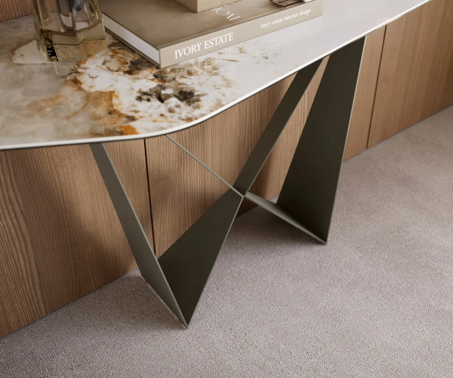 KonsolentischEdge Polygonal 180x50 cm Keramik Minas Melange Weiß-Beige Spios Metall Effektfinish Titan Sofort versandfertig