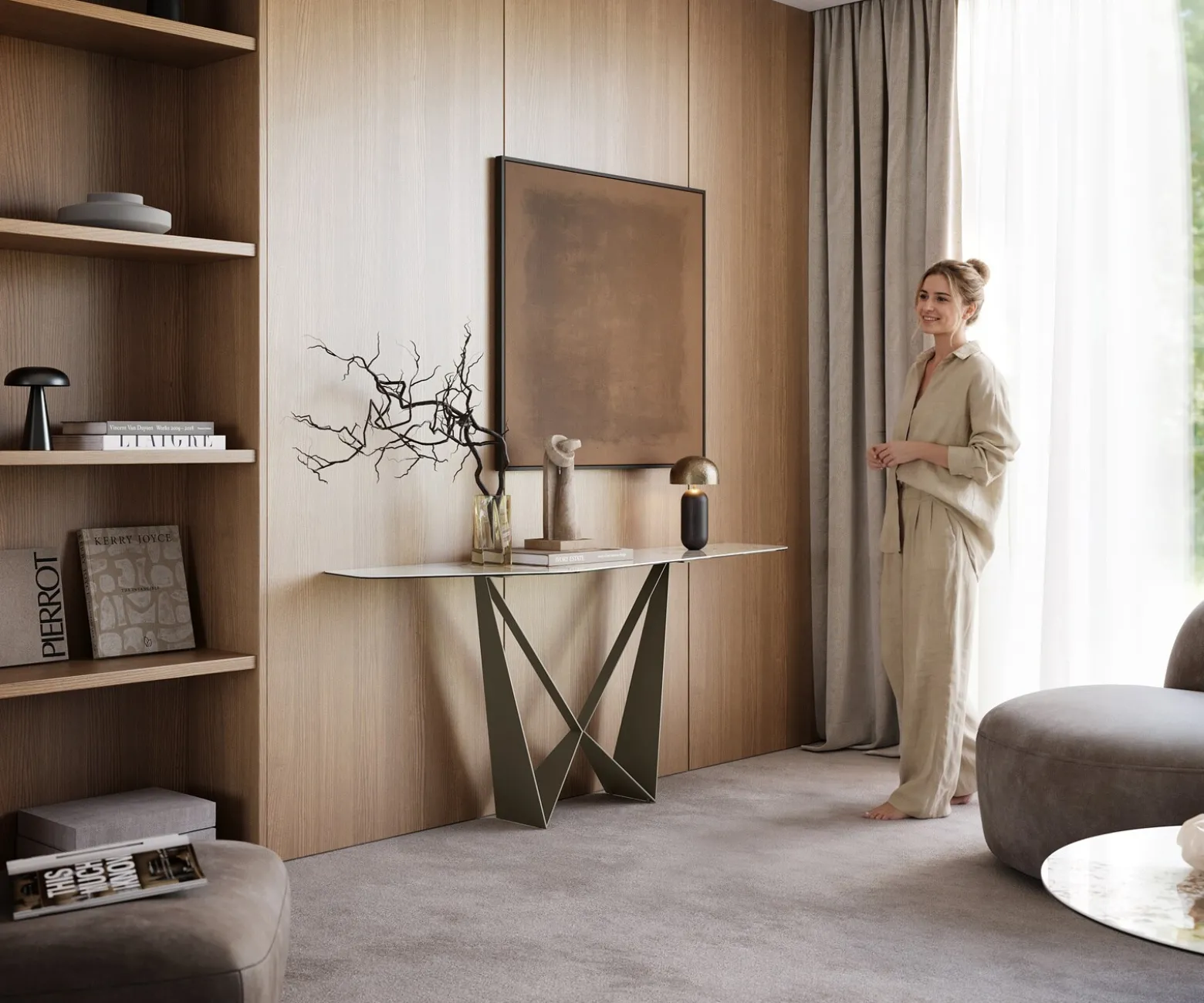 KonsolentischEdge Polygonal 180x50 cm Keramik Minas Melange Weiß-Beige Spios Metall Effektfinish Titan Sofort versandfertig