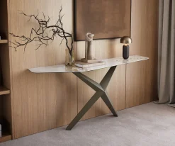 KonsolentischEdge Polygonal 180x50 cm Keramik Minas Melange Weiß-Beige Zentharo Metall Effektfinish Titan Sofort versandfertig