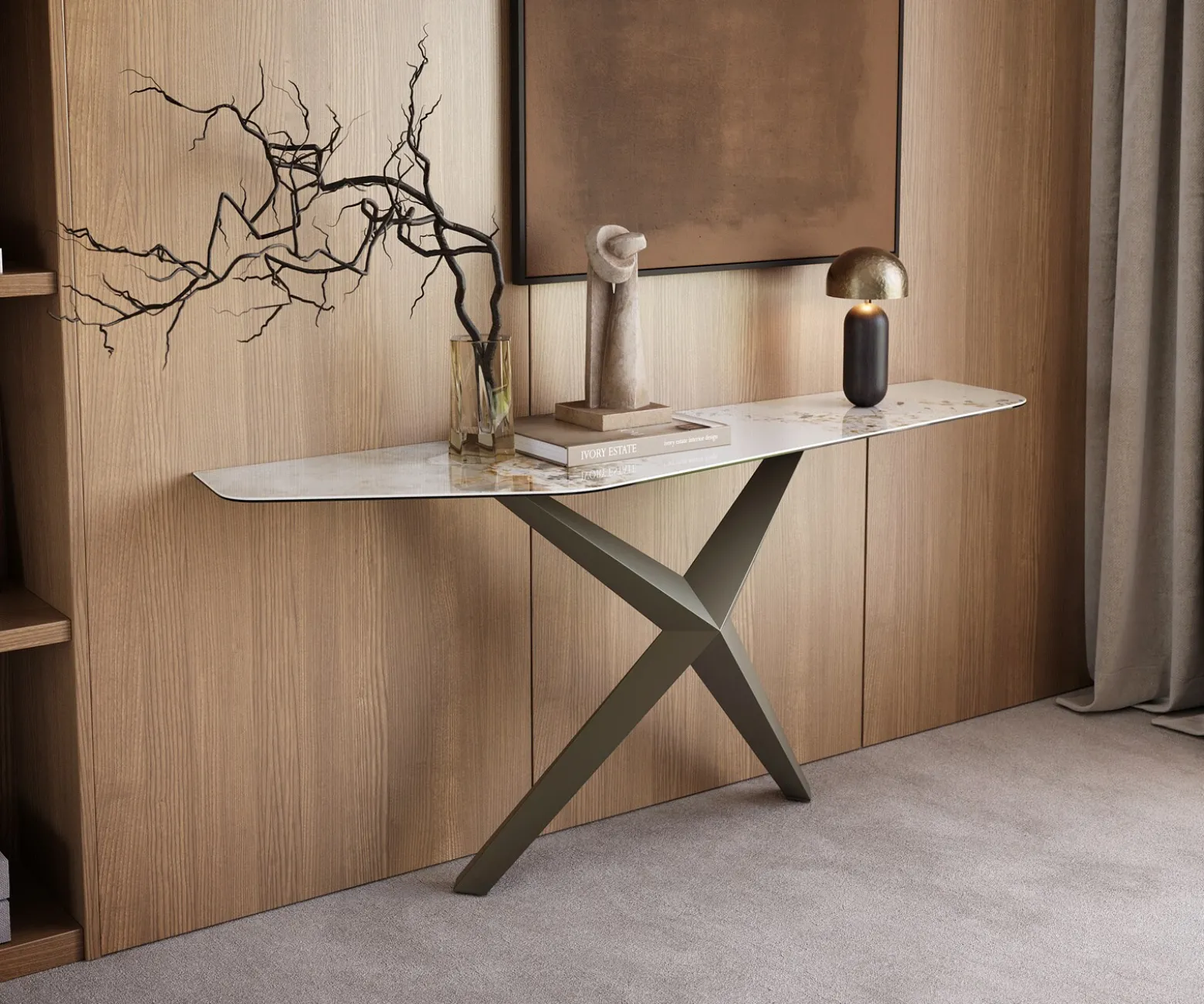 KonsolentischEdge Polygonal 180x50 cm Keramik Minas Melange Weiß-Beige Zentharo Metall Effektfinish Titan Sofort versandfertig