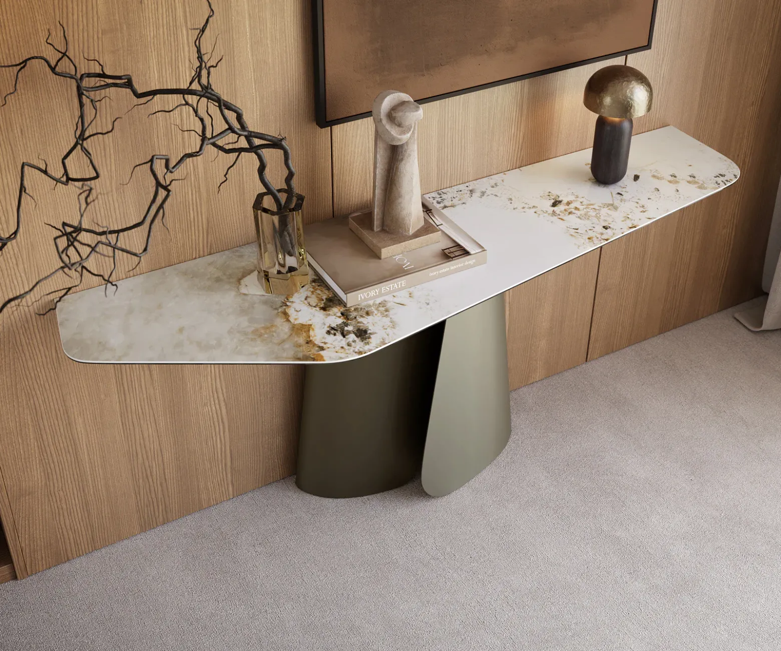 KonsolentischEdge Polygonal 180x50 cm Keramik Minas Melange Weiß-Beige Livos Metall Effektfinish Titan Sofort versandfertig