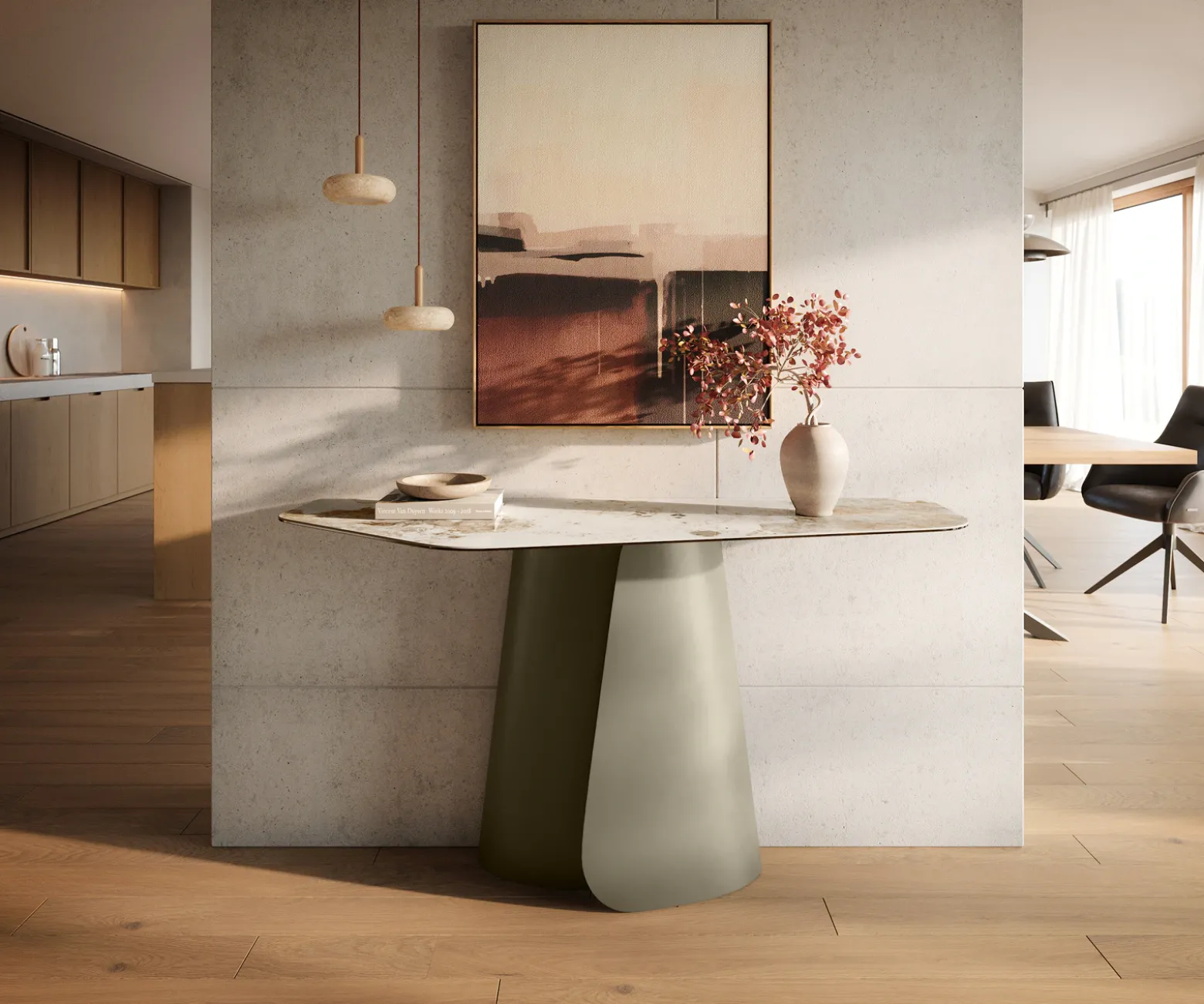 KonsolentischEdge Polygonal 140x50 cm Keramik Minas Melange Weiß-Beige Livos Metall Effektfinish Titan Sofort versandfertig