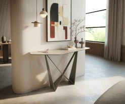 KonsolentischEdge Polygonal 140x50 cm Keramik Laminam® Travertino Bianco Creme-Weiß Spios Metall Effektfinish Titan Sofort versandfertig