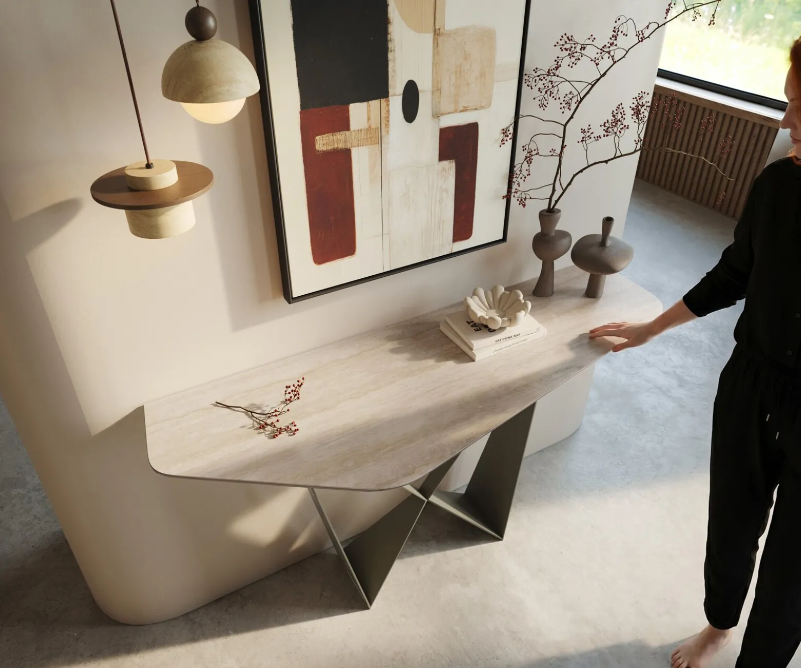 KonsolentischEdge Polygonal 140x50 cm Keramik Laminam® Travertino Bianco Creme-Weiß Spios Metall Effektfinish Titan Sofort versandfertig