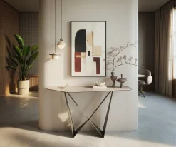 KonsolentischEdge Polygonal 140x50 cm Keramik Laminam® Travertino Bianco Creme-Weiß Spios Metall Effektfinish Titan Sofort versandfertig
