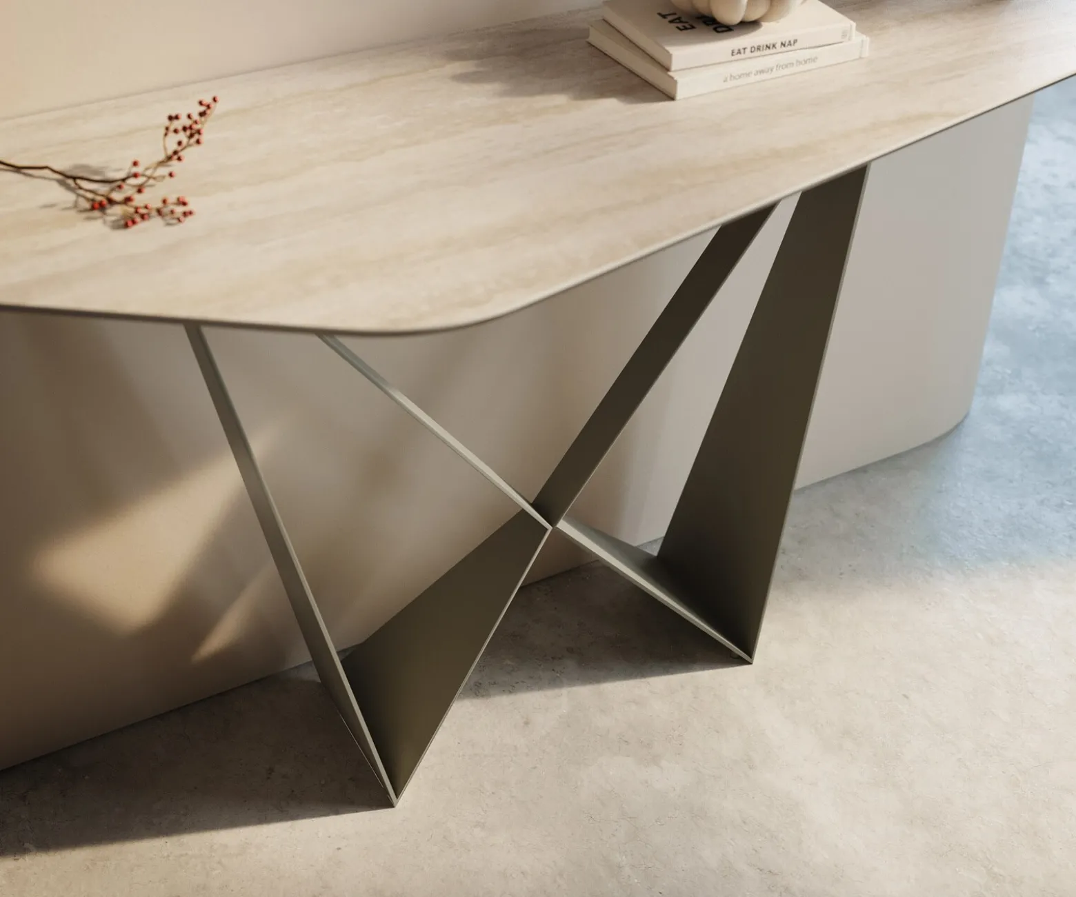 KonsolentischEdge Polygonal 140x50 cm Keramik Laminam® Travertino Bianco Creme-Weiß Spios Metall Effektfinish Titan Sofort versandfertig