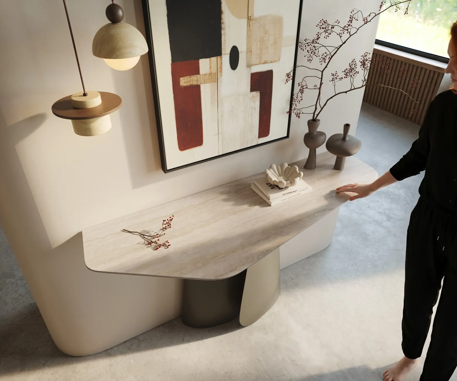 KonsolentischEdge Polygonal 140x50 cm Keramik Laminam® Travertino Bianco Creme-Weiß Livos Metall Effektfinish Titan Sofort versandfertig