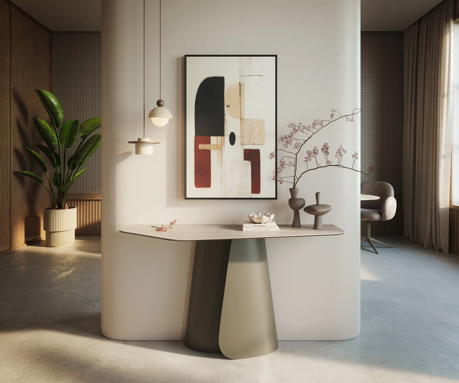 KonsolentischEdge Polygonal 140x50 cm Keramik Laminam® Travertino Bianco Creme-Weiß Livos Metall Effektfinish Titan Sofort versandfertig