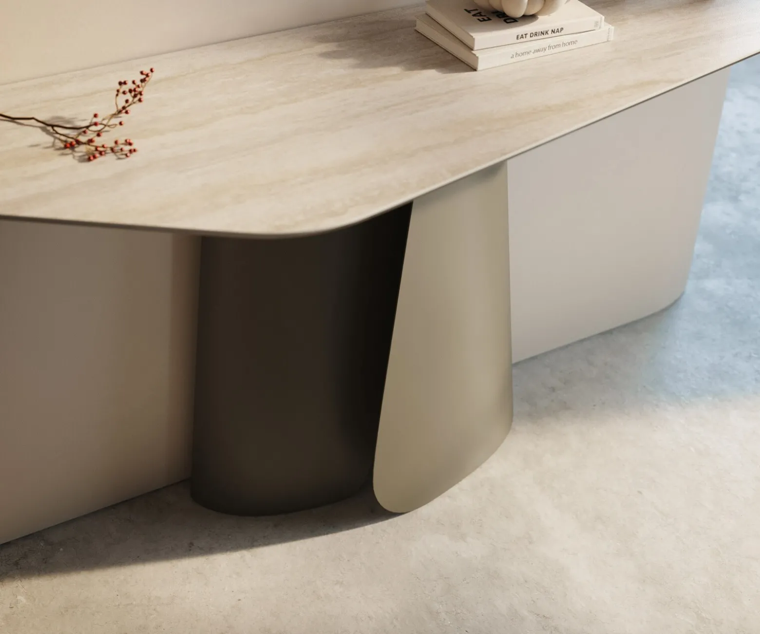 KonsolentischEdge Polygonal 140x50 cm Keramik Laminam® Travertino Bianco Creme-Weiß Livos Metall Effektfinish Titan Sofort versandfertig