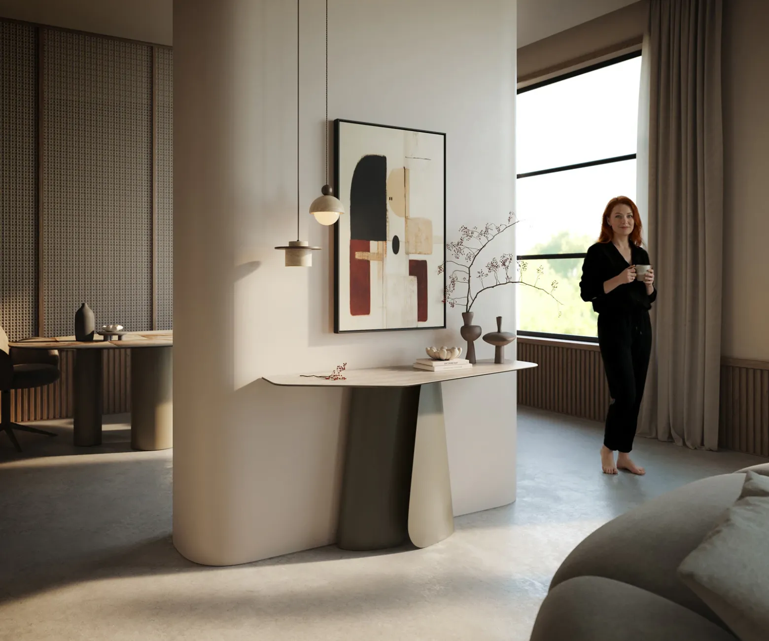 KonsolentischEdge Polygonal 140x50 cm Keramik Laminam® Travertino Bianco Creme-Weiß Livos Metall Effektfinish Titan Sofort versandfertig