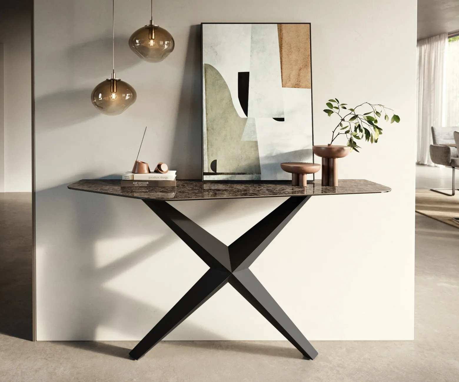 KonsolentischEdge Polygonal 140x50 cm Keramik Emperador Extra Lucidato Dunkelbraun Zentharo Metall Schwarz Sofort versandfertig