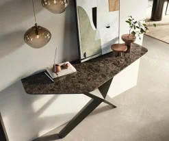 KonsolentischEdge Polygonal 140x50 cm Keramik Emperador Extra Lucidato Dunkelbraun Zentharo Metall Effektfinish Titan Sofort versandfertig
