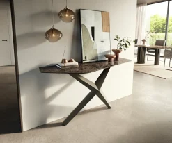 KonsolentischEdge Polygonal 140x50 cm Keramik Emperador Extra Lucidato Dunkelbraun Zentharo Metall Effektfinish Titan Sofort versandfertig
