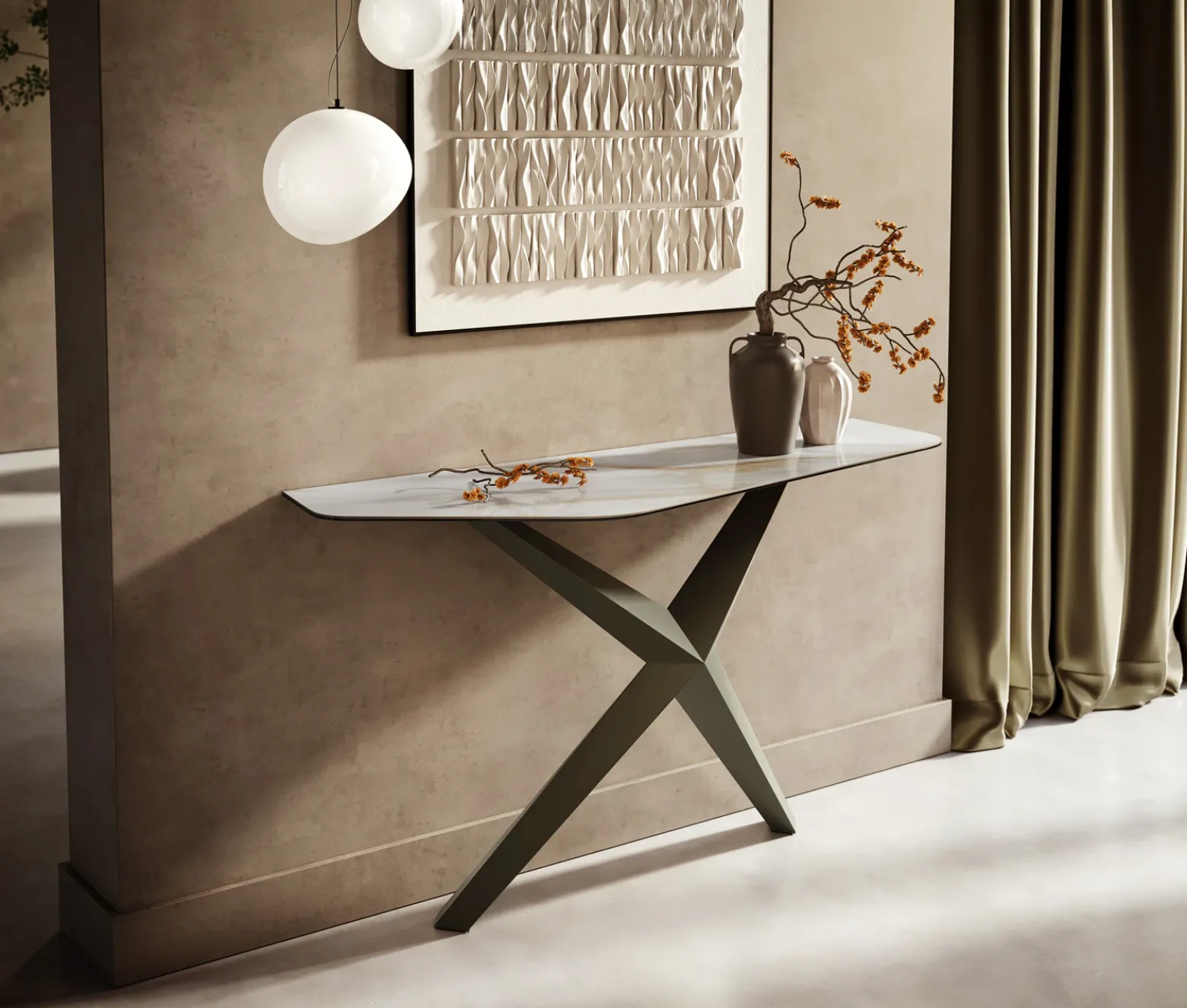 KonsolentischEdge Polygonal 140x50 cm Keramik Onyx Pearl Zentharo Metall Effektfinish Titan Sofort versandfertig