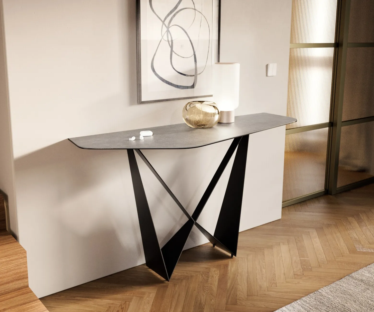 KonsolentischEdge Polygonal 140x50 cm Keramik Beton Grau Spios Metall Schwarz Sofort versandfertig