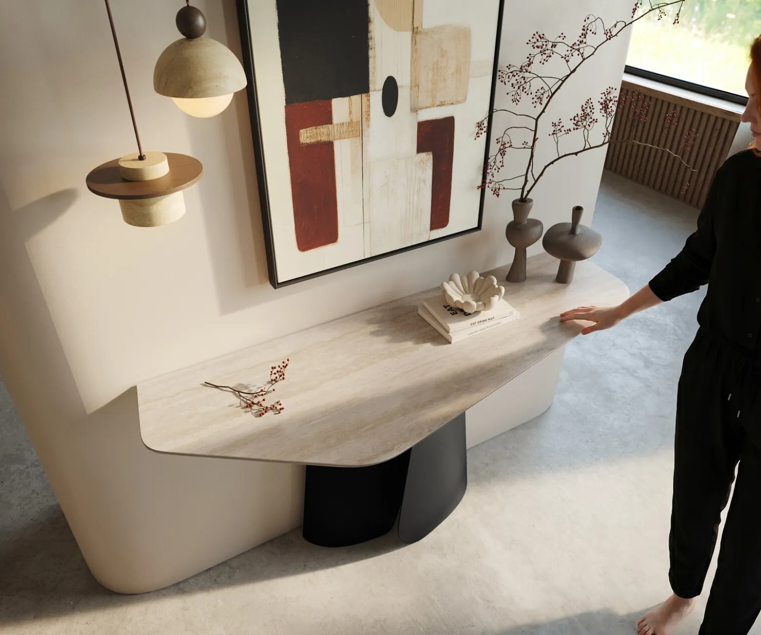 KonsolentischEdge Polygonal 140x50 cm Keramik Laminam® Travertino Bianco Creme-Weiß Livos Metall Schwarz Sofort versandfertig