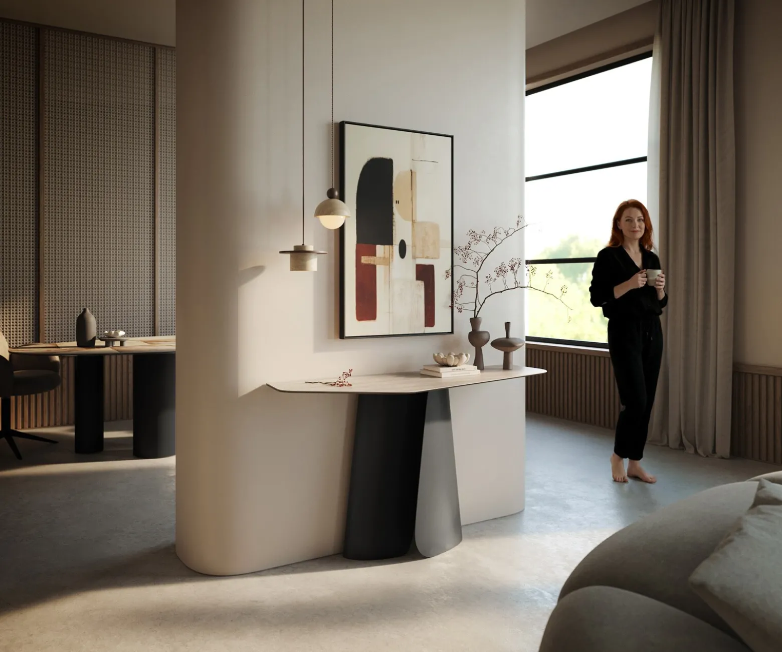 KonsolentischEdge Polygonal 140x50 cm Keramik Laminam® Travertino Bianco Creme-Weiß Livos Metall Schwarz Sofort versandfertig