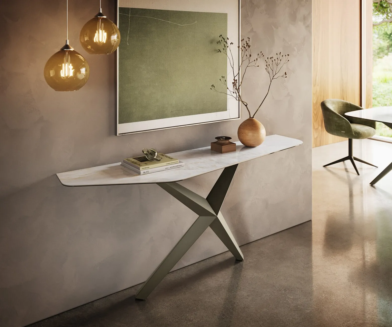 KonsolentischEdge Polygonal 180x50 cm Keramik Onyx Pearl Zentharo Metall Effektfinish Titan Sofort versandfertig