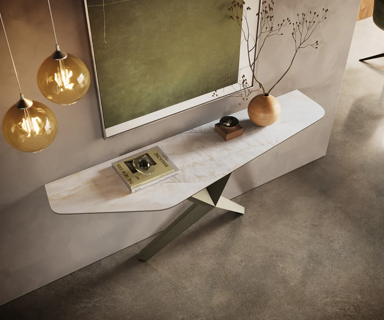 KonsolentischEdge Polygonal 180x50 cm Keramik Onyx Pearl Zentharo Metall Effektfinish Titan Sofort versandfertig