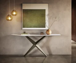 KonsolentischEdge Polygonal 180x50 cm Keramik Onyx Pearl Zentharo Metall Effektfinish Titan Sofort versandfertig