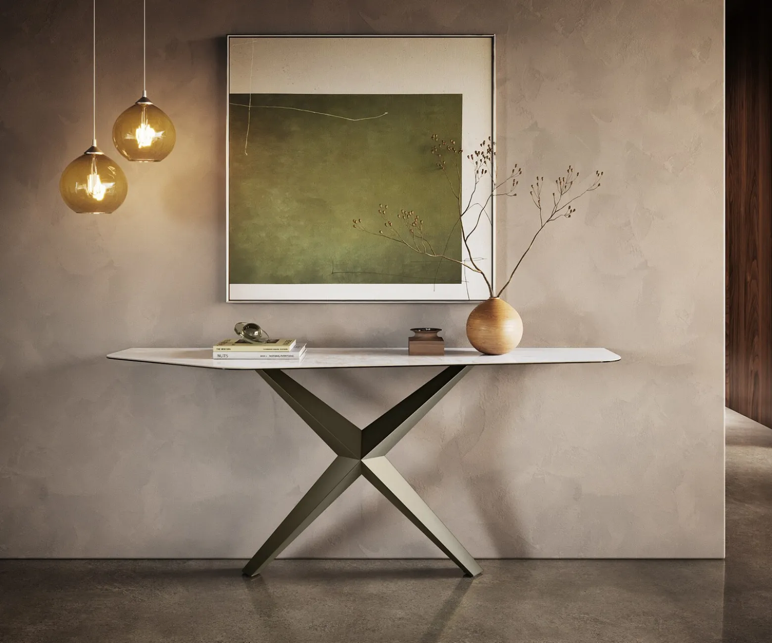 KonsolentischEdge Polygonal 180x50 cm Keramik Onyx Pearl Zentharo Metall Effektfinish Titan Sofort versandfertig