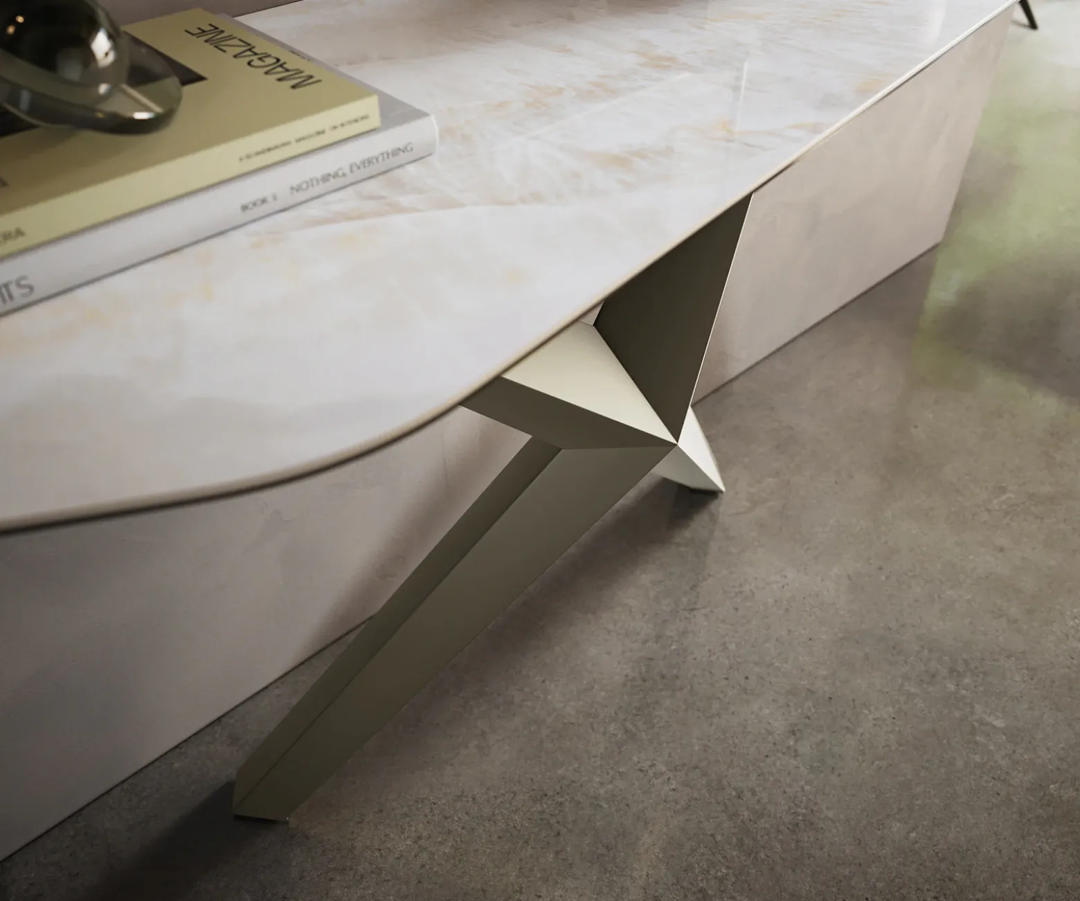 KonsolentischEdge Polygonal 180x50 cm Keramik Onyx Pearl Zentharo Metall Effektfinish Titan Sofort versandfertig